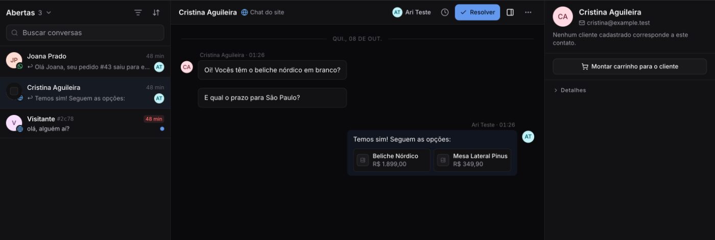 Caixa de entrada da Mobiari: um chat do site em que o time responde com cards de produto